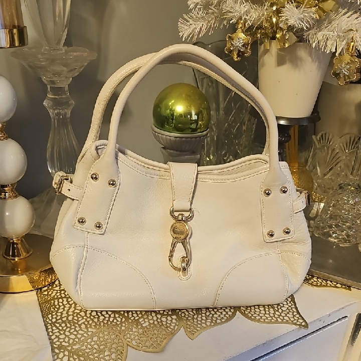 Dooney & Bourke Cream Belvedere Lock Satchel, Goldtone Trim